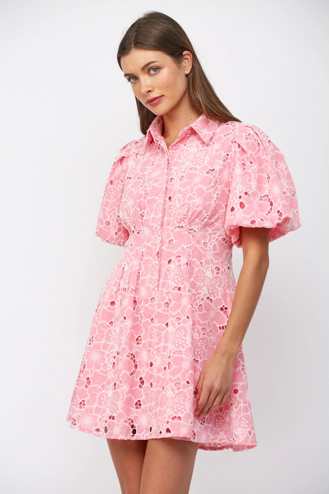 CUT OUT FLORAL LACE BUTTON DOWN MINI DRESS-PINK