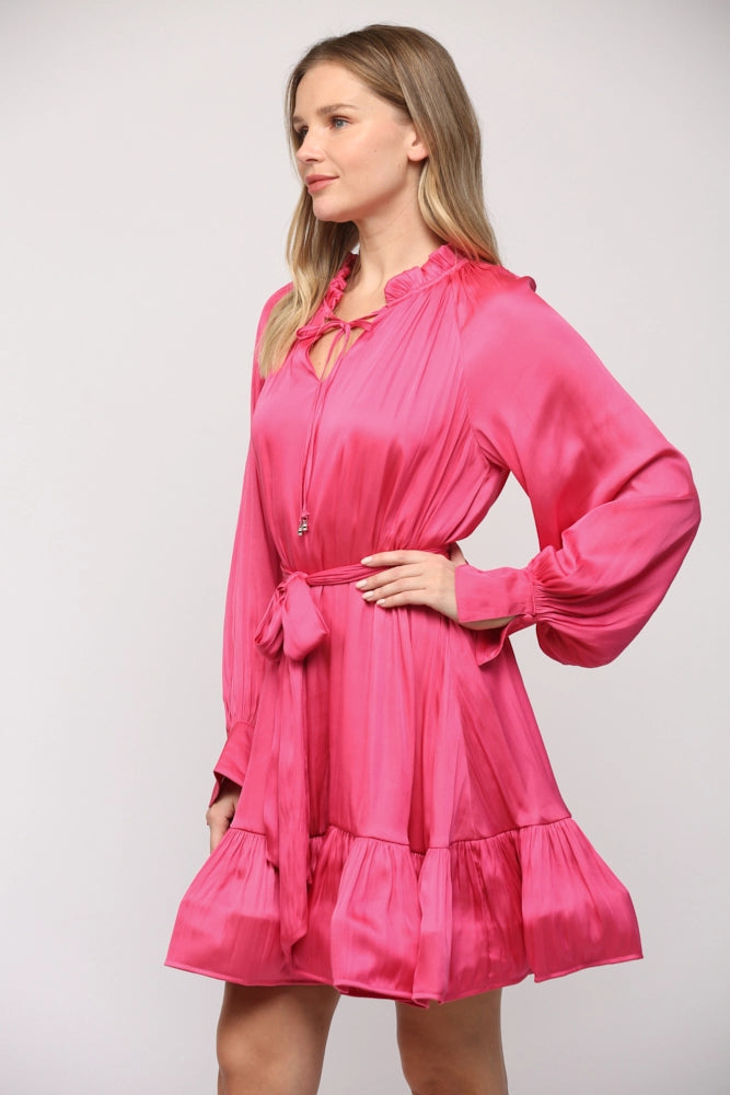 VOLUMINOUS RUFFLE HEM MINI DRESS-HOT PINK