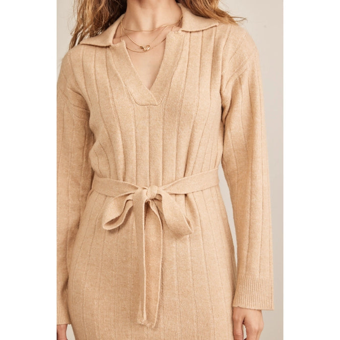 RIBBED SWEATER MIDI DRESS-BEIGE