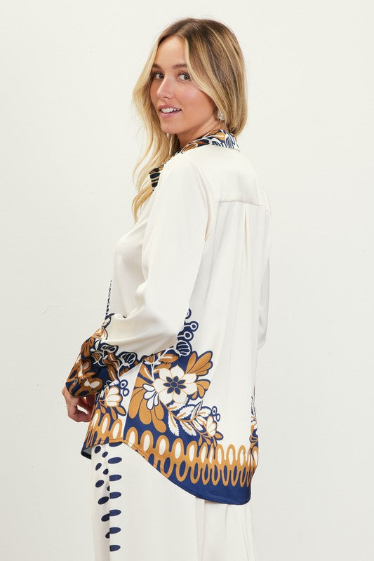 FLORAL BORDER PRINT BLOUSE-MUSTARD/NAVY