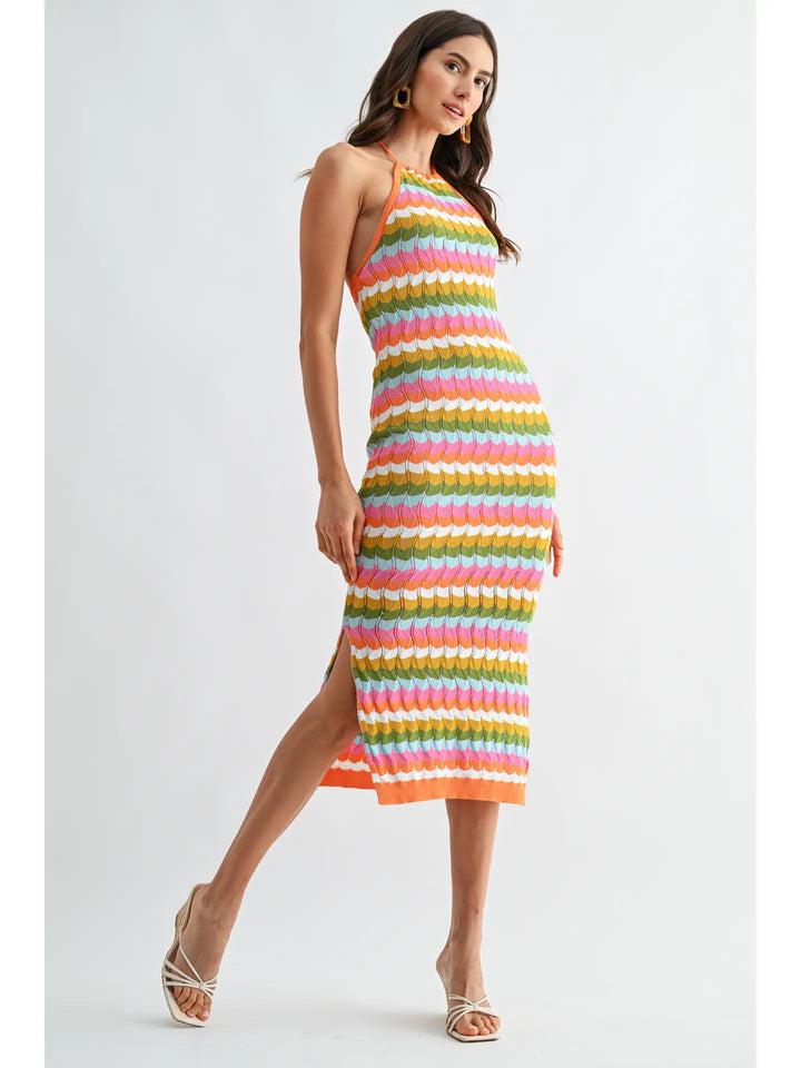 KNITTED HALTER NECK MIDI DRESS-ORANGE MULTI