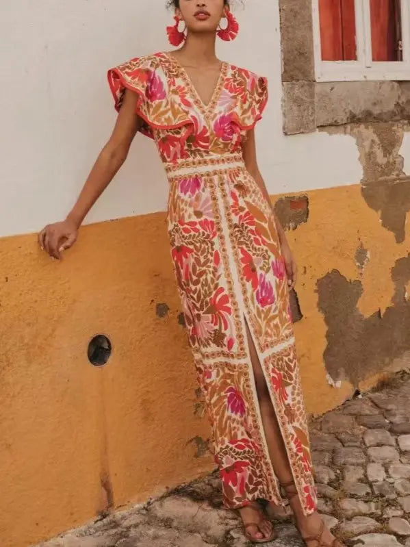 RUFFLED SLEEVE MAXI DRESS-RED/MULTI