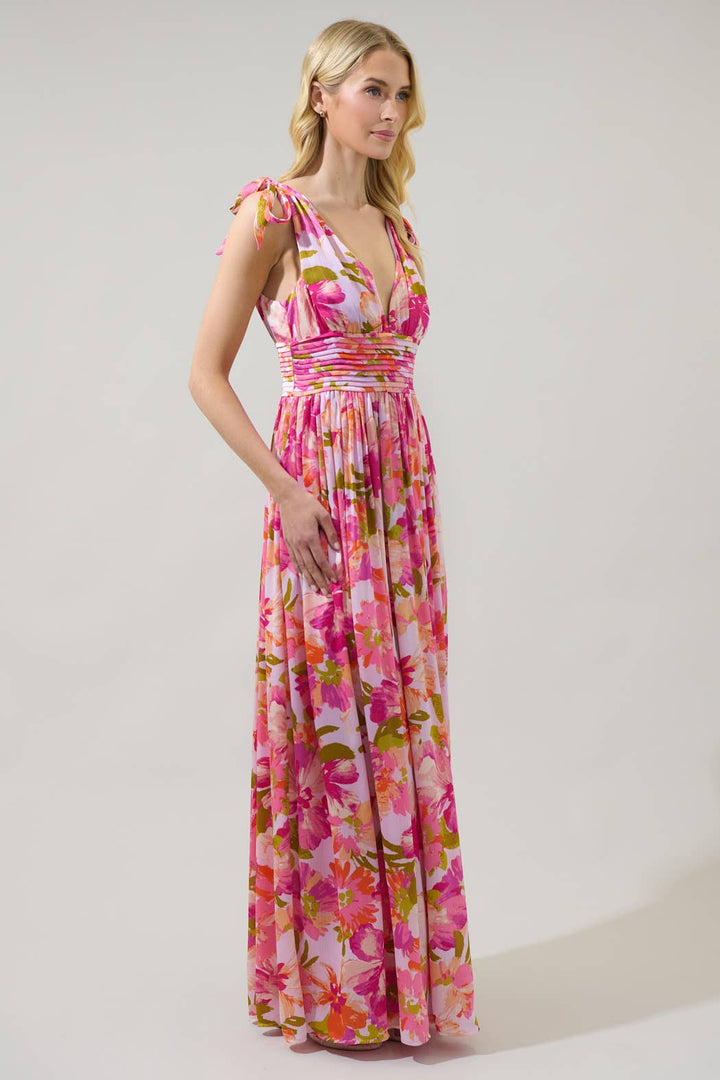 FLORAL DESCANO PLEATED MAXI DRESS-CORAL/MULTI