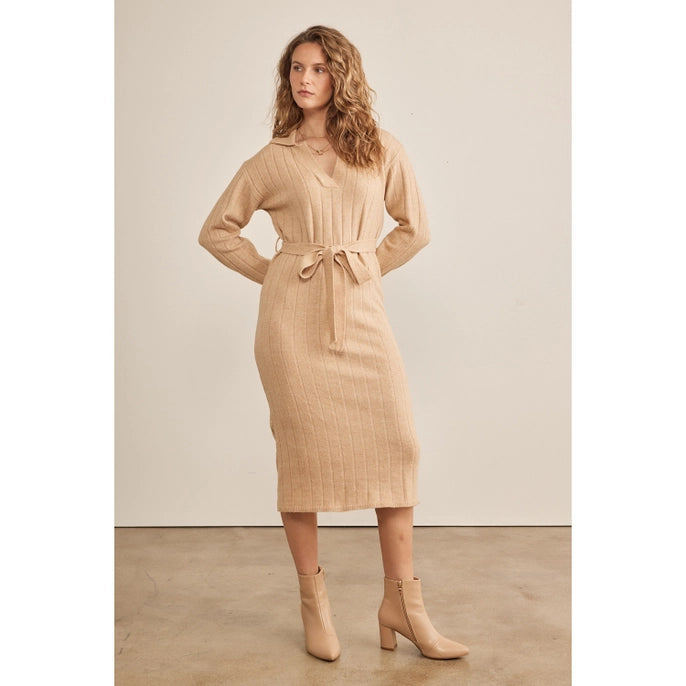 RIBBED SWEATER MIDI DRESS-BEIGE