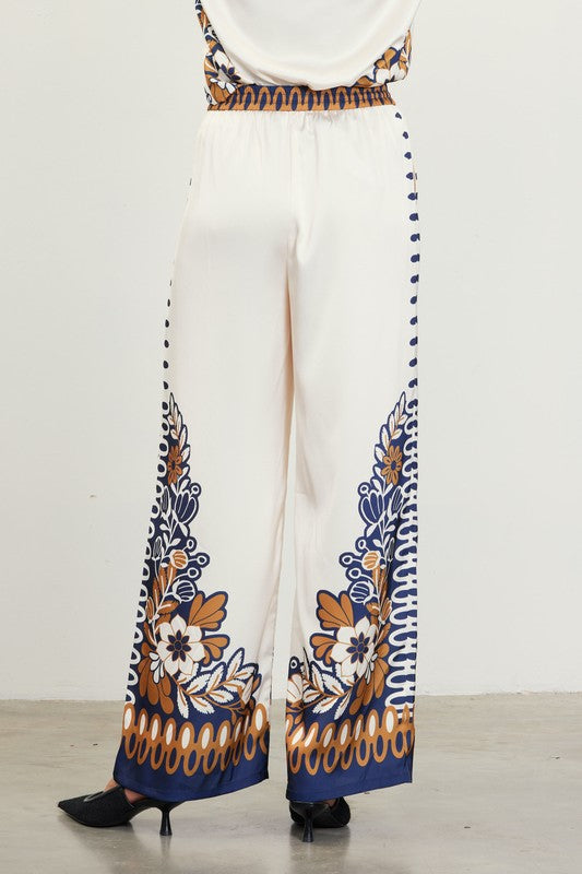 PRINTED BORDER PRINT SATIN PANT-MUSTARD/NAVY
