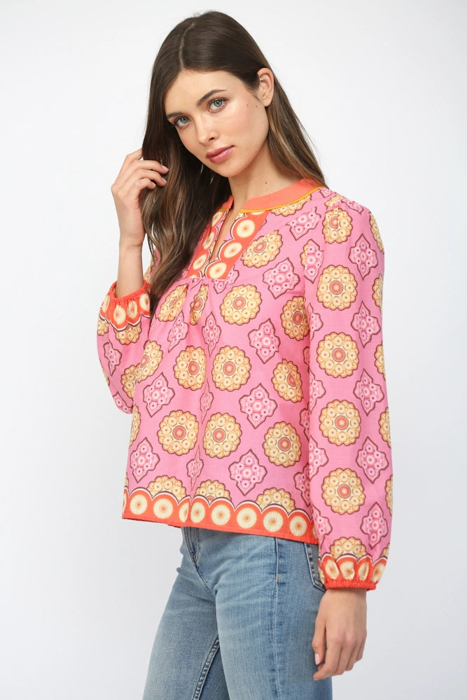 TILE PRINT LONG SLEEVE BLOUSE-PINK/MULTI