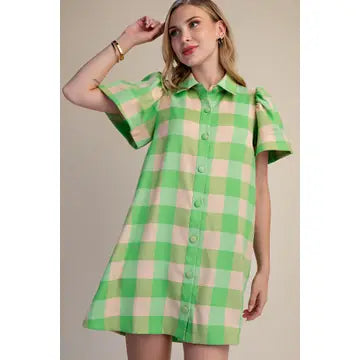 CHECKERED BUTTON DOWN MINI DRESS-LIME