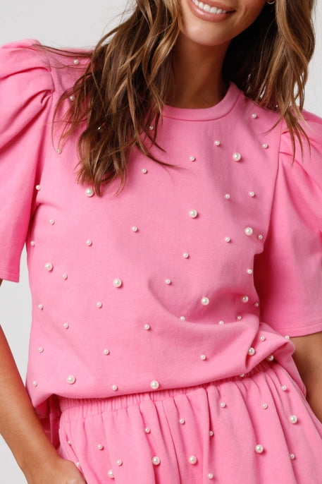 ALL OVER PEARL PUFF SLEEVE TEE-PINK