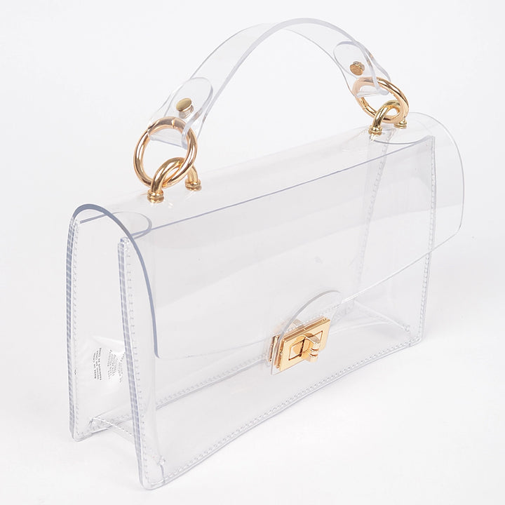 TRANSPARENT METAL STUDDED FLAP BAG-CLEAR/GOLD