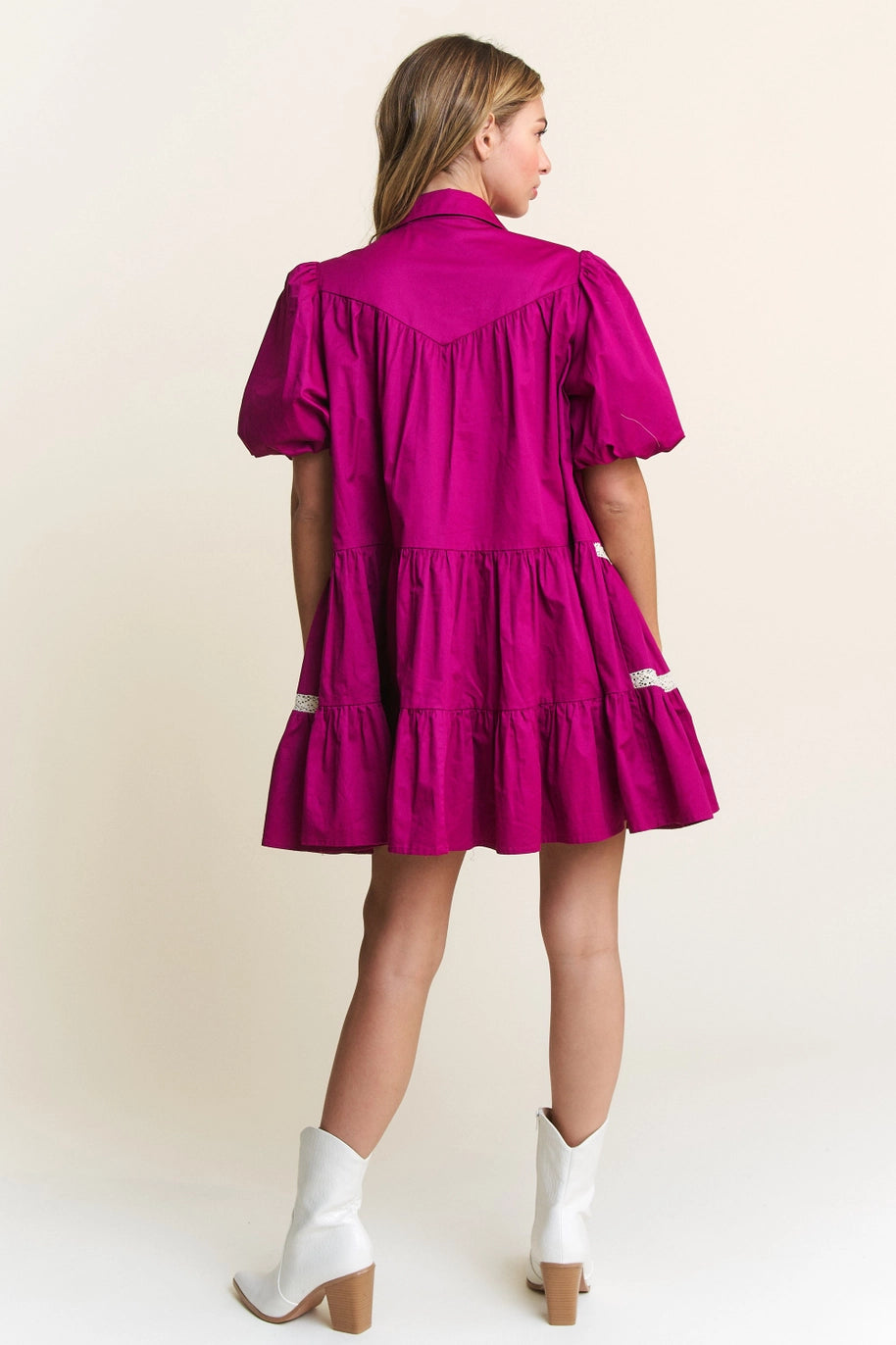 BOHO BABY DOLL MINI DRESS-MAGENTA
