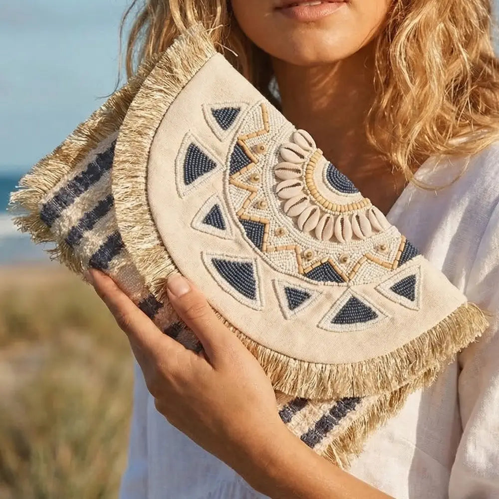 BEADED FRINGE TRIM MANDALA CLUTCH-NAVY/KHAKI