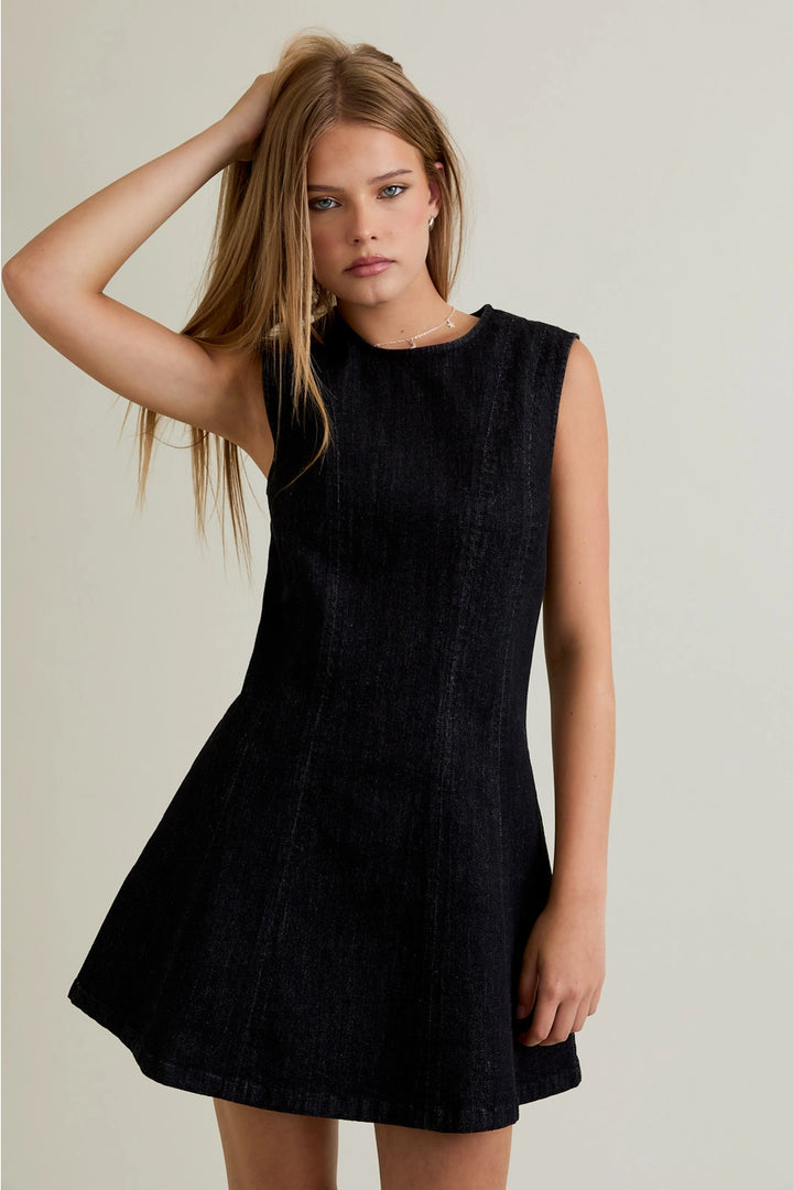 ROUND NECK DENIM MINI DRESS-BLACK