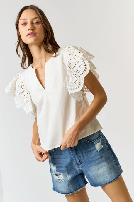 COTTON EYELET RUFFLE SLEEVE TOP-OFF WHITE