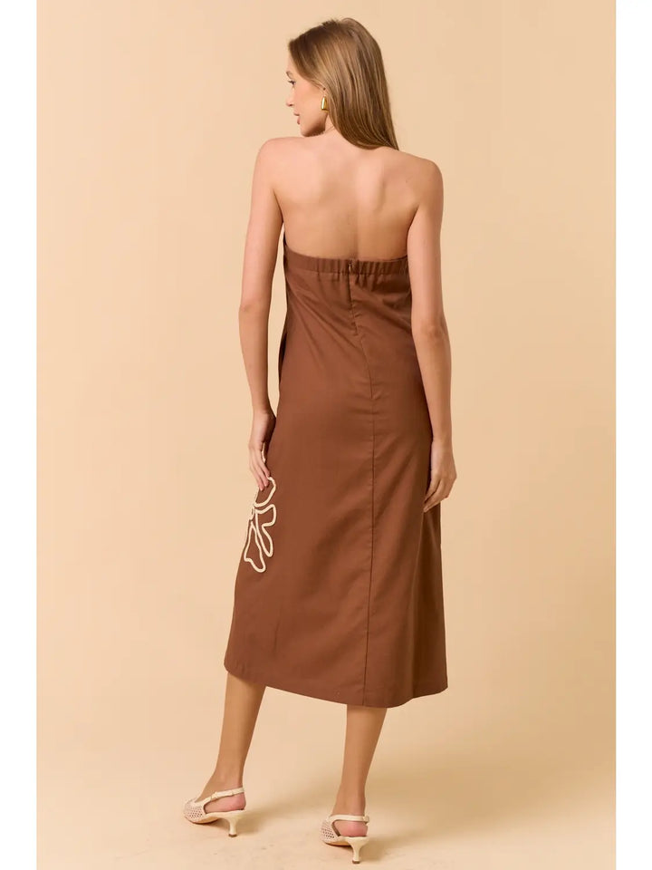 EMBROIDERED TUBE MAXI DRESS-BROWN