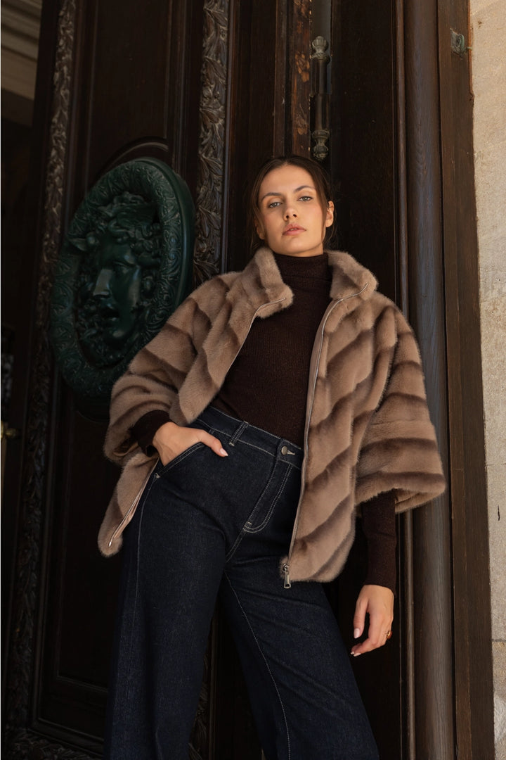 COPENHAGEN FAUX FUR CAPE JACKET-TAUPE