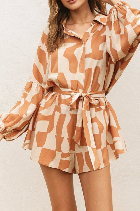 SUN BLEACHED BUBBLE SLEEVE ROMPER-NATURAL/CAMEL