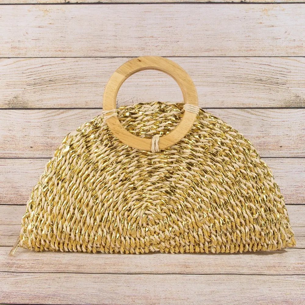 METALLIC STRAW WOVEN HALF MOON BAG-BEIGE