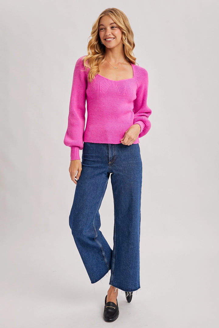 SWEETHEART NECK RIBBED SWEATER-HOT PINK