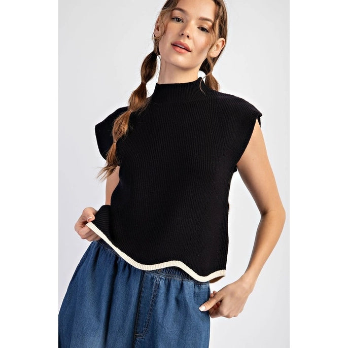 SOLID SHORT SLEEVE SWEATER TOP-BLACK