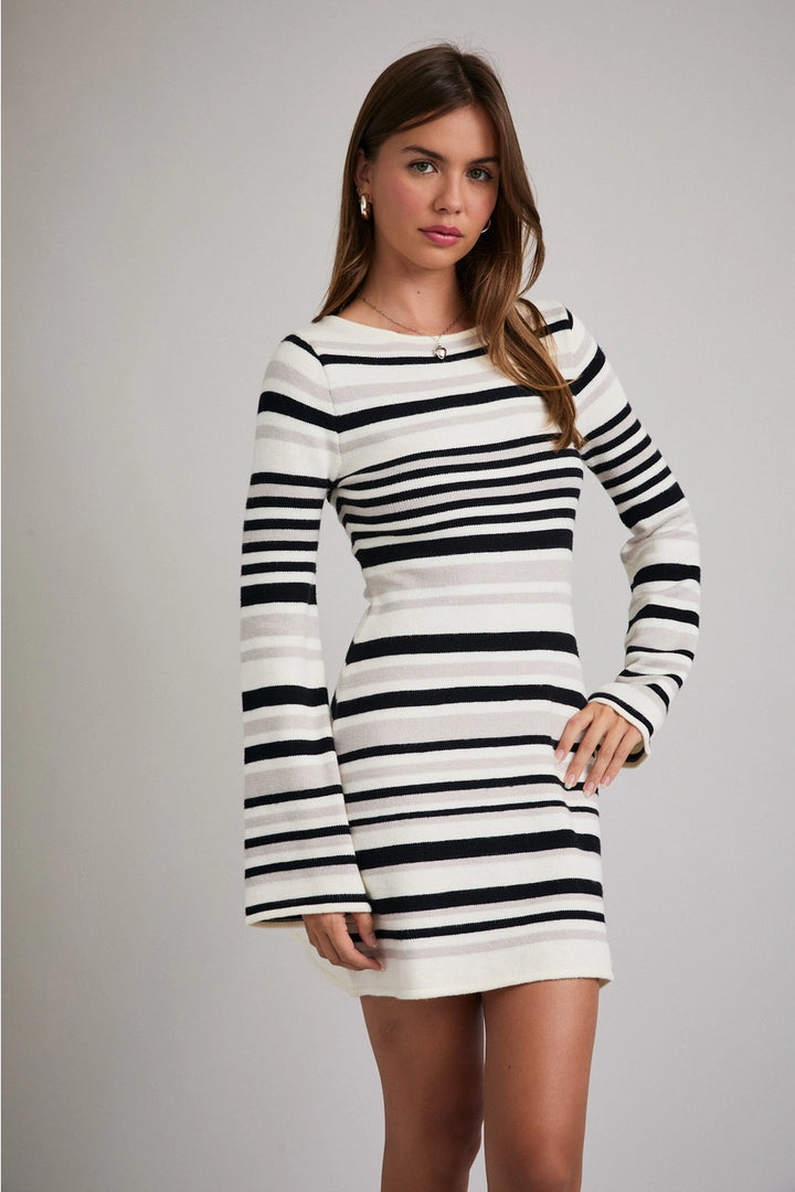 BELL SLEEVE STRIPED MINI SWEATER DRESS-BLACK/WHITE