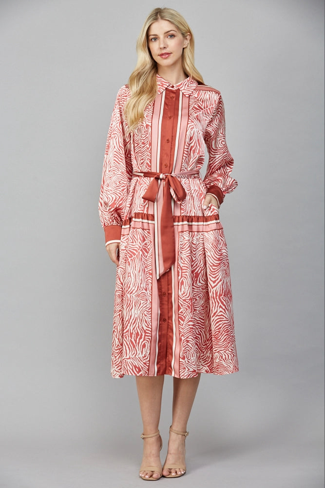 ANIMAL PRINT TIE WAIST SATIN SHIRT DRESS-IVORY/MULTI