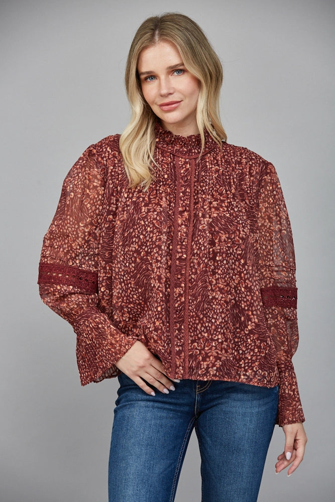 FLORAL PRINT LUREX BLOUSE-BURGUNDY/MULTI