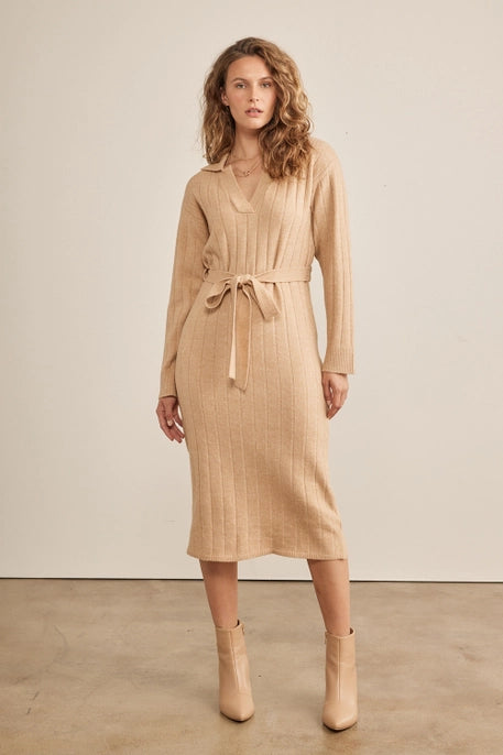 RIBBED SWEATER MIDI DRESS-BEIGE