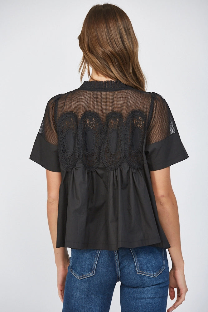 MESH AND APPLIQUÉ BLOUSE-BLACK