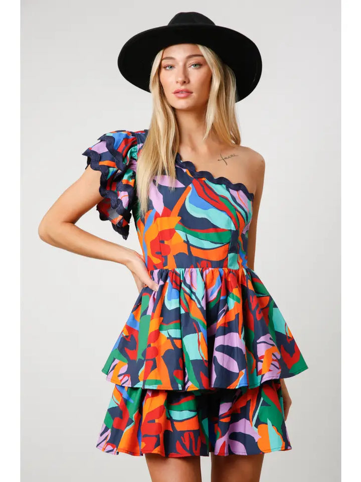 ABSTRACT ONE SHOULDER DRESS-NAVY MULTI