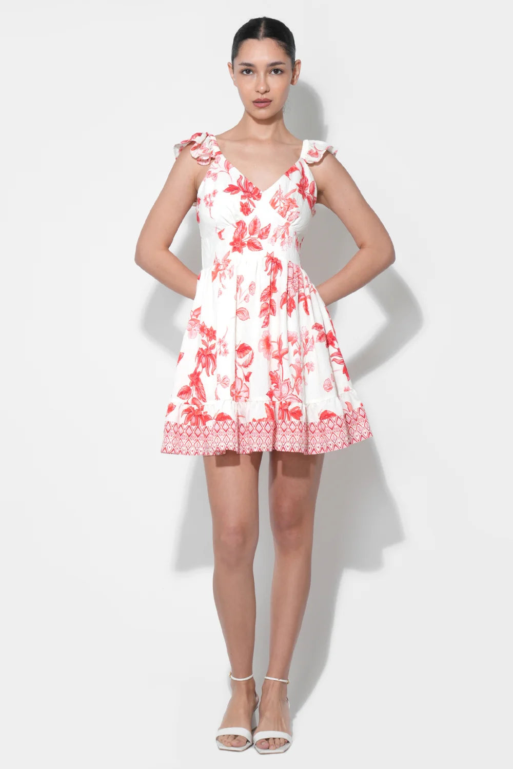ROSA PRINTED TIERED MINI DRESS-IVORY/RED