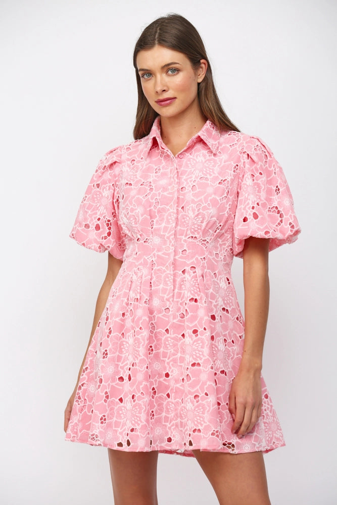 CUT OUT FLORAL LACE BUTTON DOWN MINI DRESS-PINK