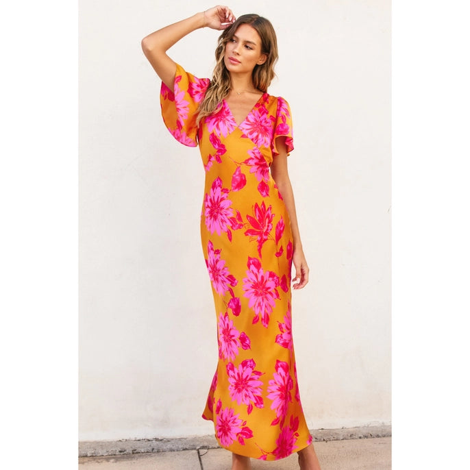 FLORAL FLUTTER SLEEVE MAXI DRESS -HIBISCUS MANGO