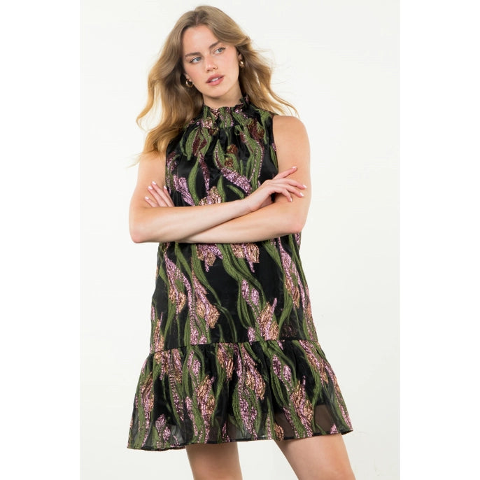 METALLIC FLORAL DRESS-BLACK