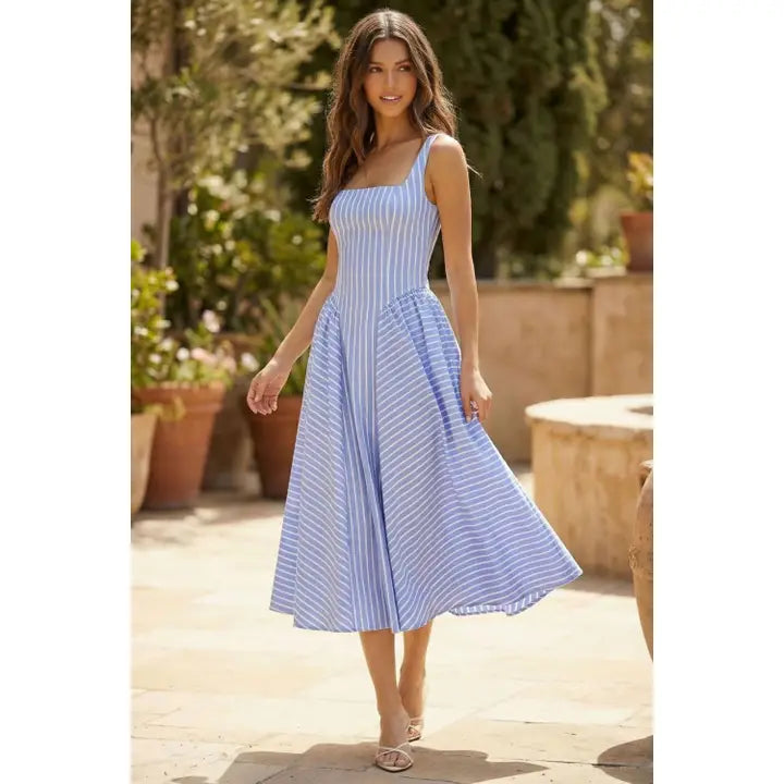 STRIPED SLEEVELESS FLARED MIDI DRESS-BLUE