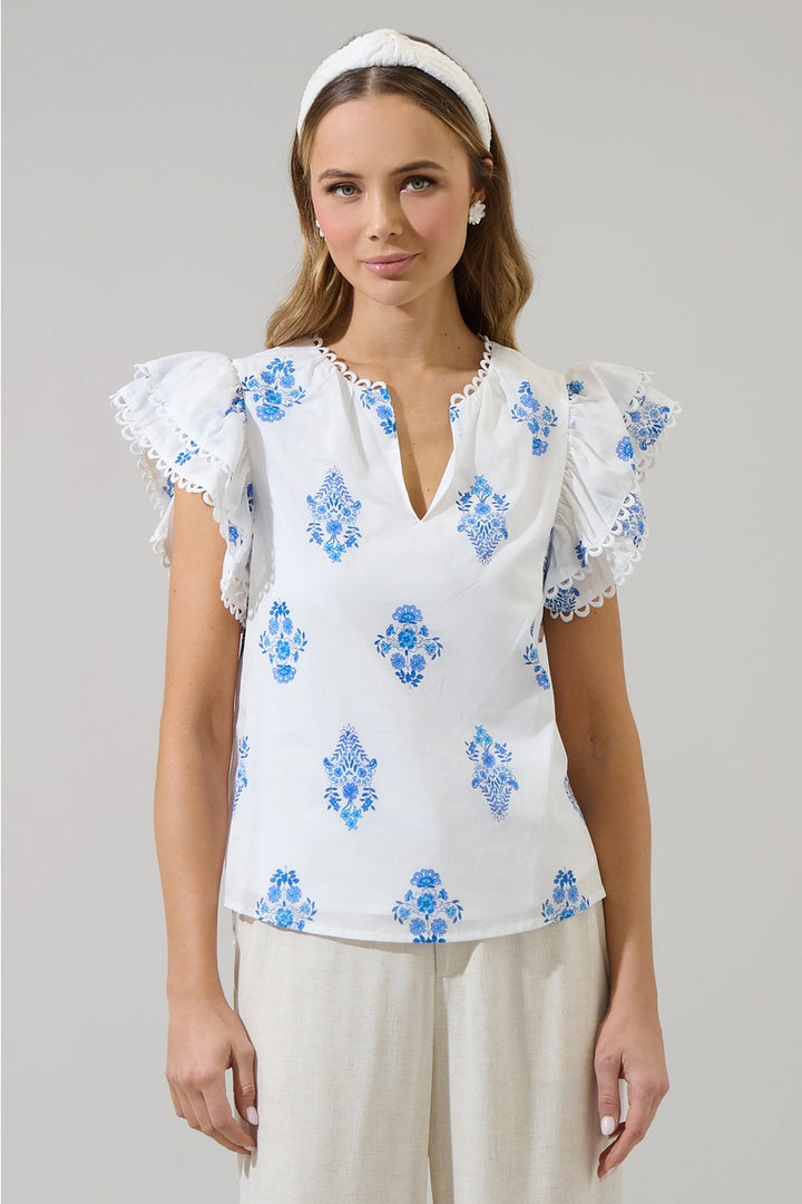 YILA FLORAL EMA RUFFLE TOP-WHITE/BLUE