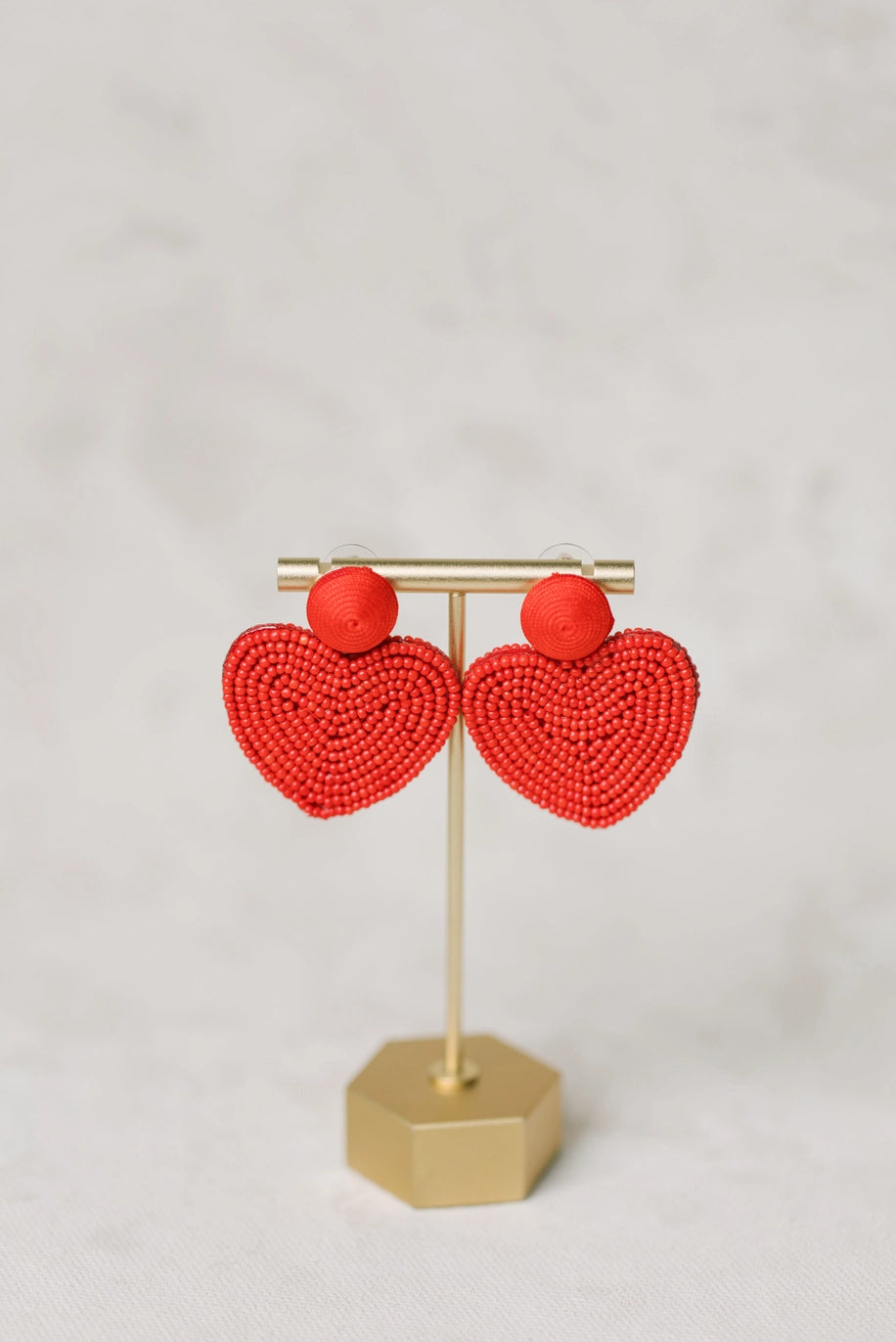 VALENTINES DAY HOLIDAY BEADED HEART EARRINGS-RED