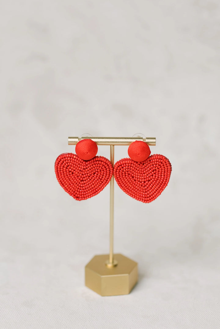 VALENTINES DAY HOLIDAY BEADED HEART EARRINGS-RED