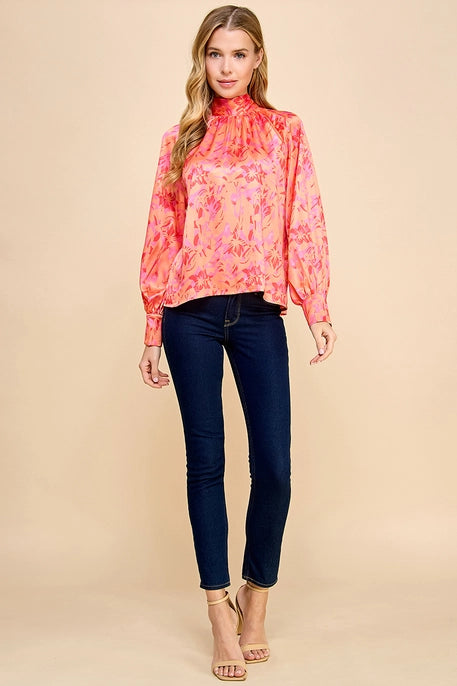 PRINTED LONG SLEEVE BLOUSE-CORAL