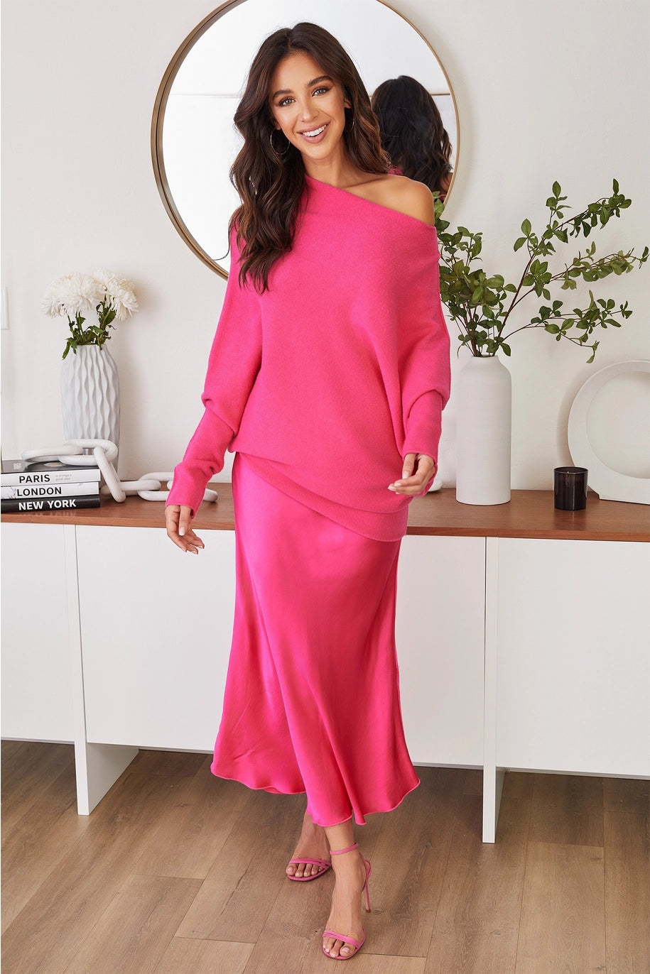 SILKY SLIP SKIRT WITH LACE WAISTBAND-FUCHSIA