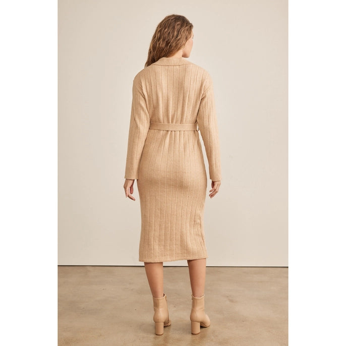 RIBBED SWEATER MIDI DRESS-BEIGE