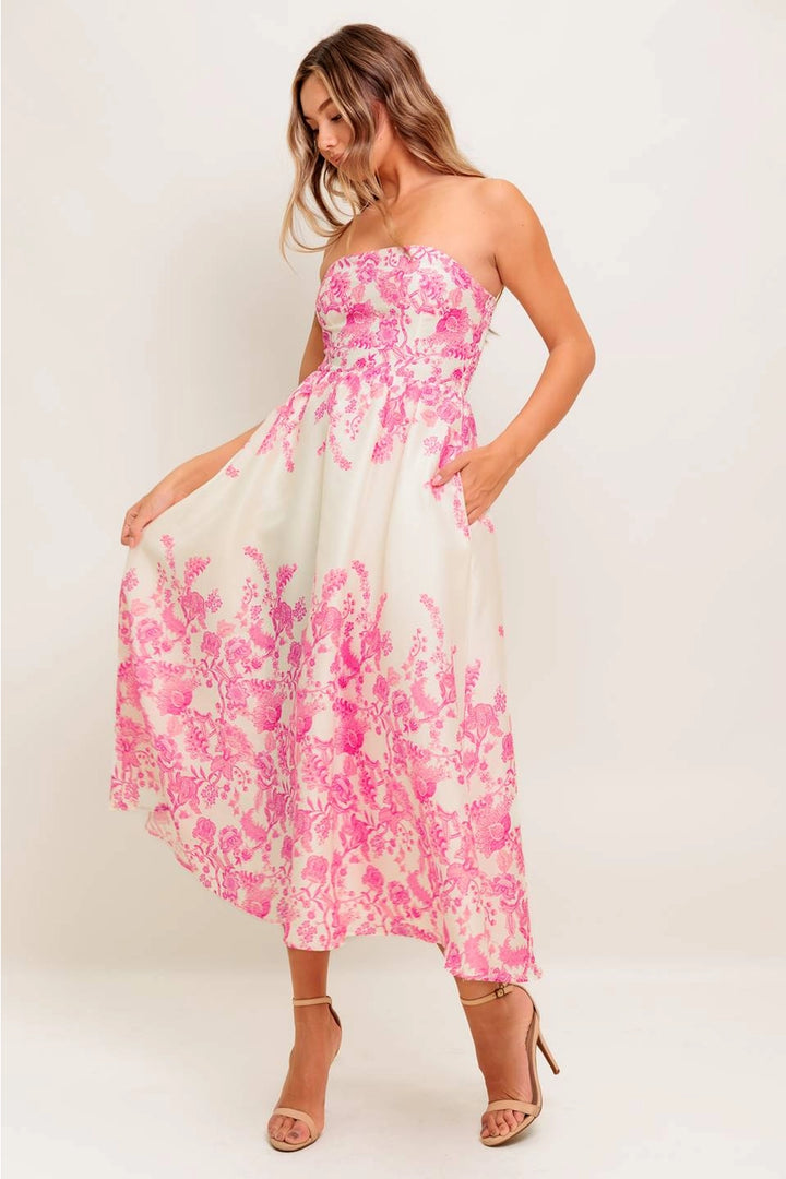 FLORAL STRAPLESS MIDI DRESS-IVORY/PINK