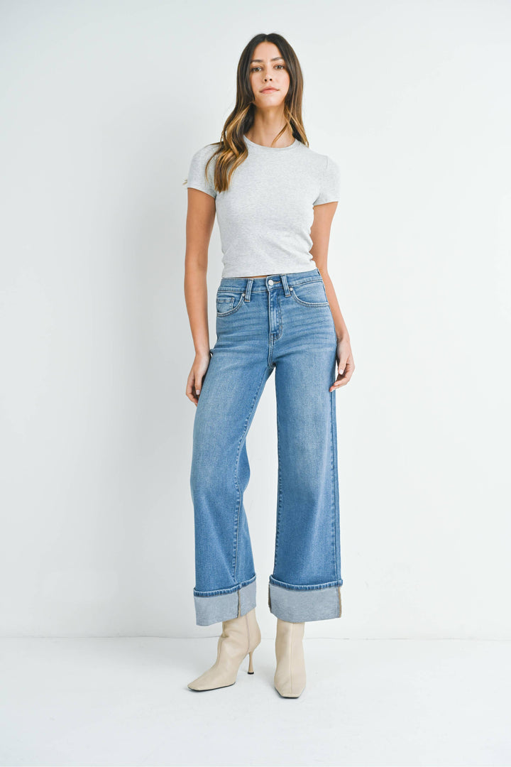 CUFFED PALLAZO-MEDIUM DENIM