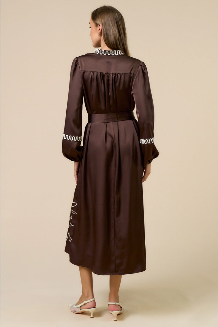 BOHO LONG SLEEVE EMBROIDERED MAXI DRESS-DARK BROWN