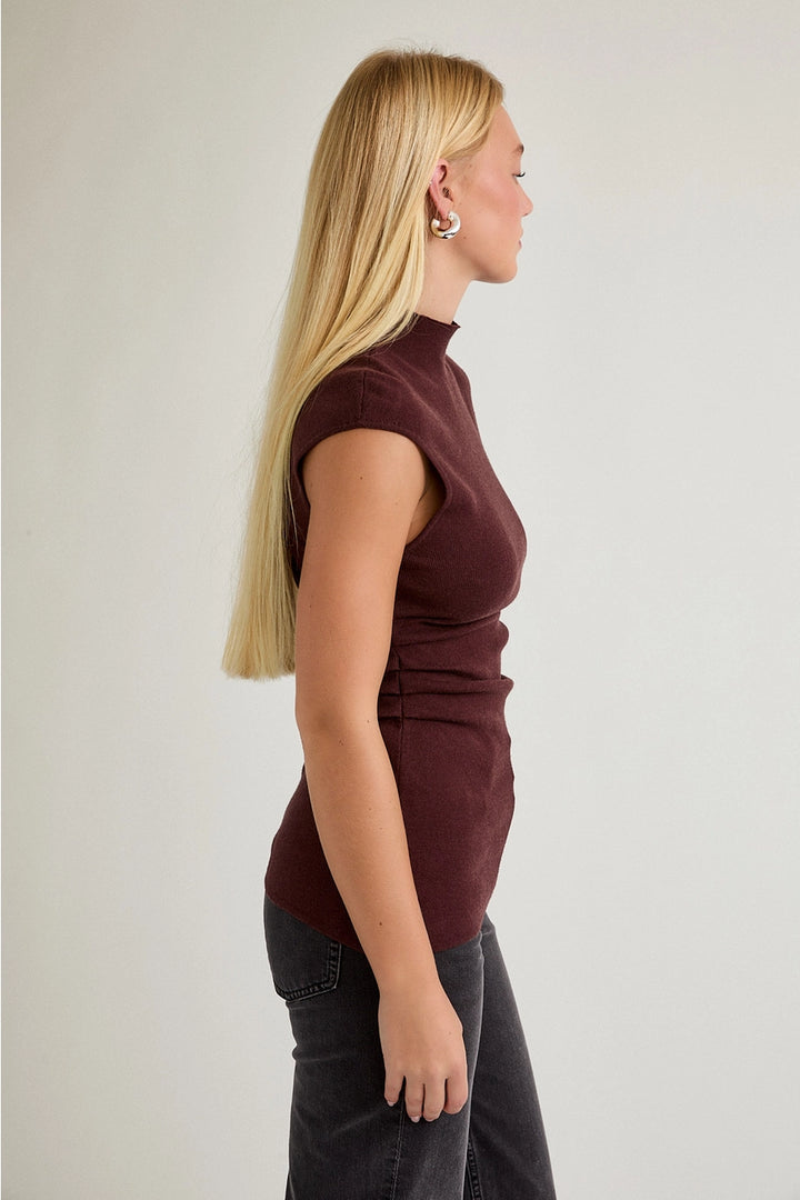 MOCK NECK SHIRRED WAIST SWEATER TOP-BROWN