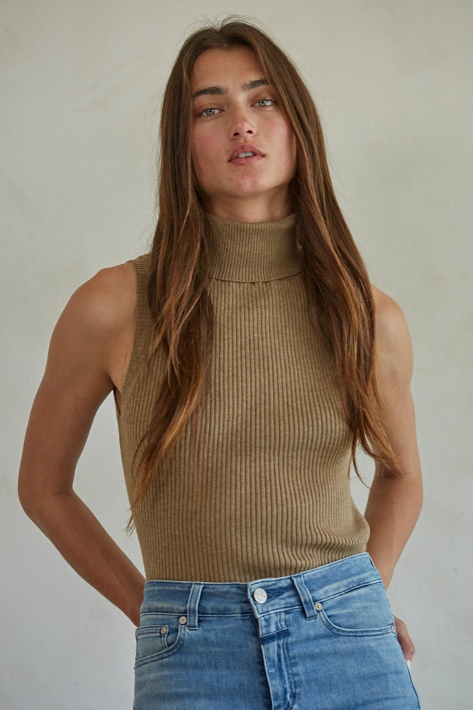 light brown sleeveless ribbed high mock neck fitted sweater top