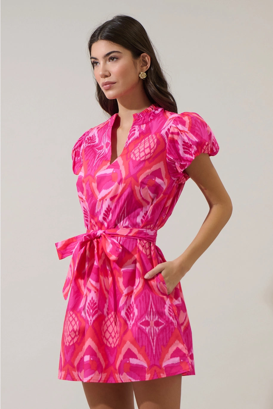 PRISSA IKAT ORELA MINI DRESS-MAGENTA/CORAL