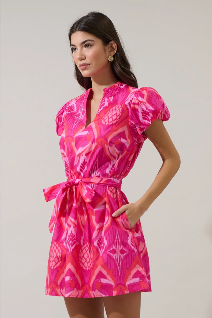 PRISSA IKAT ORELA MINI DRESS-MAGENTA/CORAL