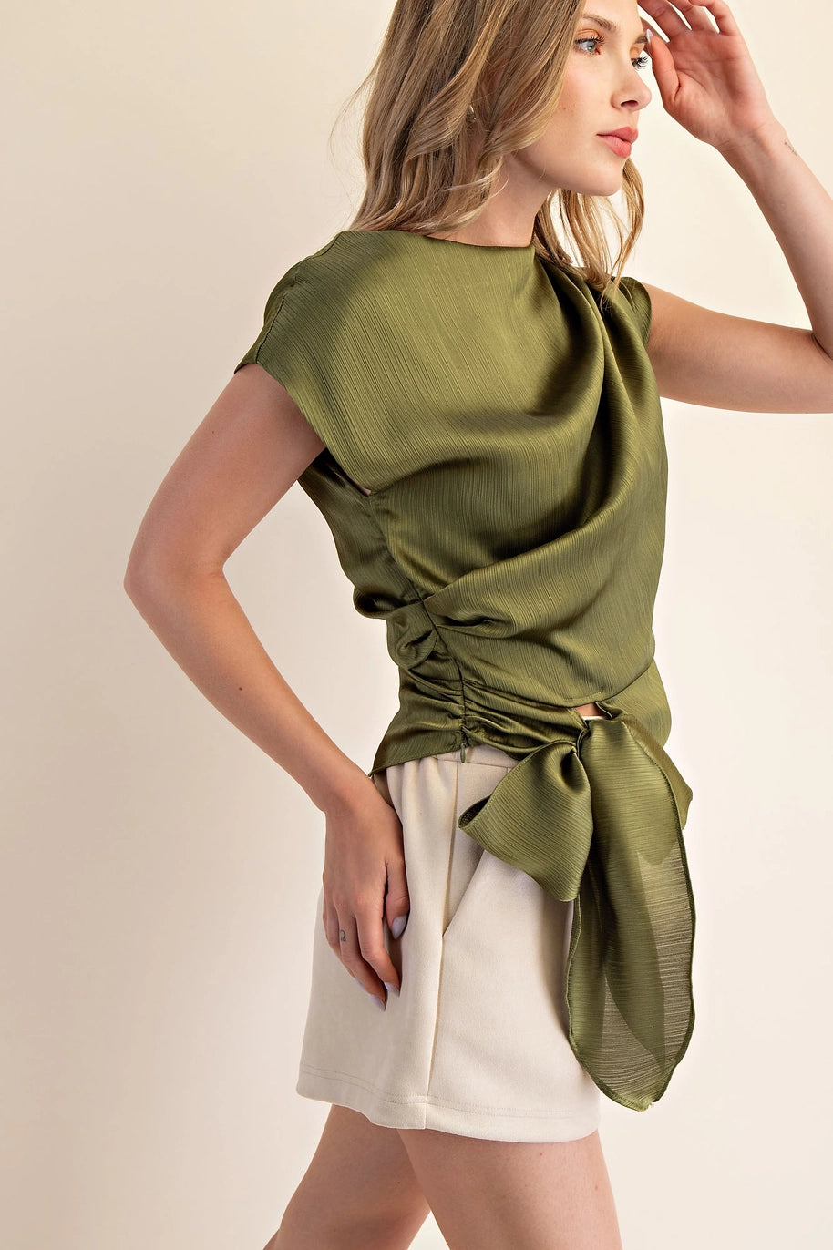 BOAT NECK WAIST TIE BLOUSE-OLIVE