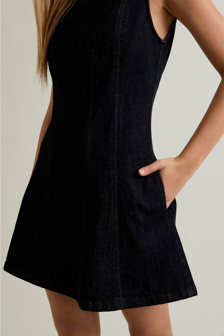 ROUND NECK DENIM MINI DRESS-BLACK
