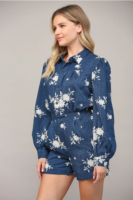 EMBROIDERED BUTTON FRONT ROMPER- NAVY